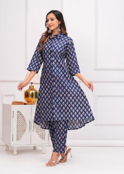 Stylish Dark Blue Cotton Kurti Pant Set of 2