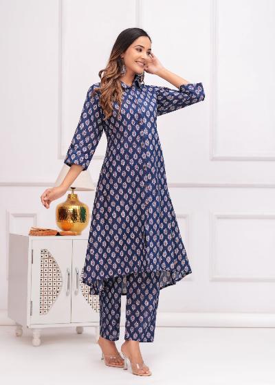 Stylish Dark Blue Cotton Kurti Pant Set of 2