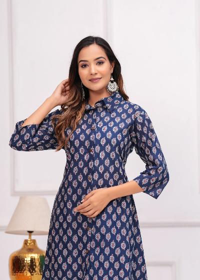 Stylish Dark Blue Cotton Kurti Pant Set of 2