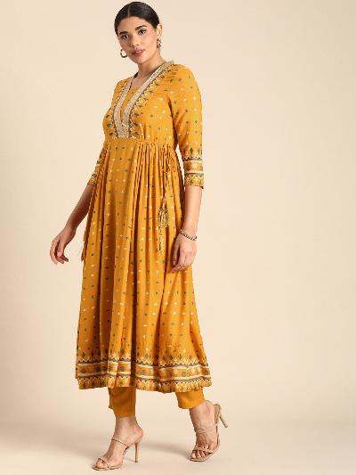 Mustard Yellow Festive Anarkali Kurti Pant Set of 2