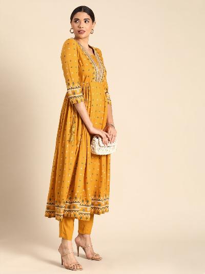 Mustard Yellow Festive Anarkali Kurti Pant Set of 2