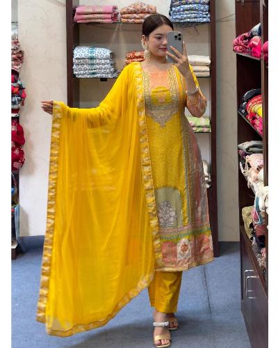 Yellow Satin Silk Digital Print Salwar Suit Set