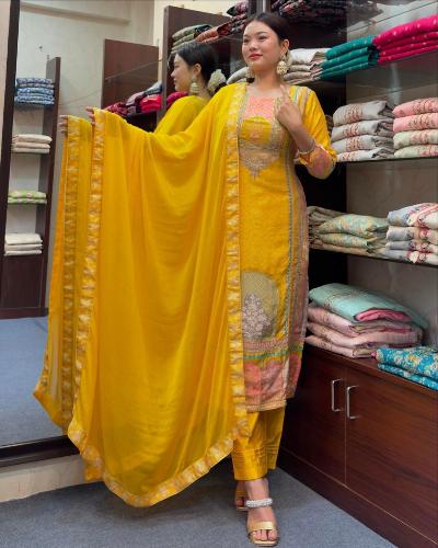 Yellow Satin Silk Digital Print Salwar Suit Set