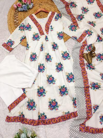 White Premium Cotton Floral Print Salwar Suit Set