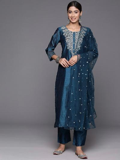 Festive Roman Silk Embroidered Salwar Suit Set