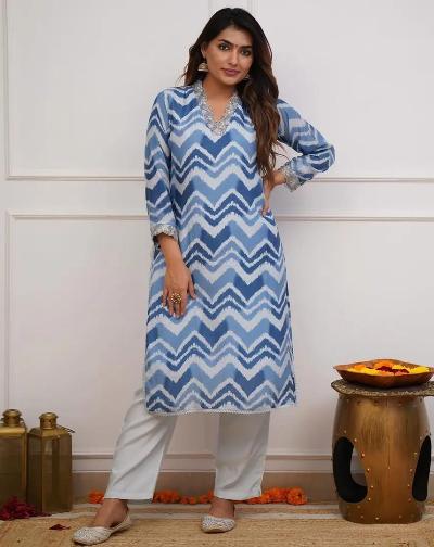 Blue V Neck Cotton Kurti pant Set of 2