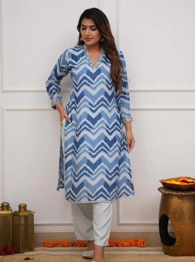 Blue V Neck Cotton Kurti pant Set of 2