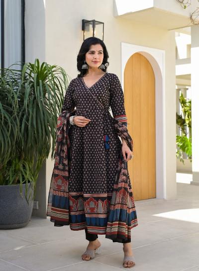 Black Traditional Handblock Cotton Anarkali Suit Set