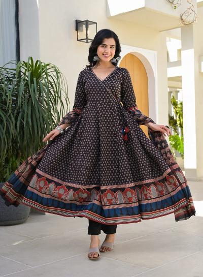 Black Traditional Handblock Cotton Anarkali Suit Set