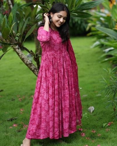 Pink Front Slit Ethnic Cotton Anarkali Suit Set