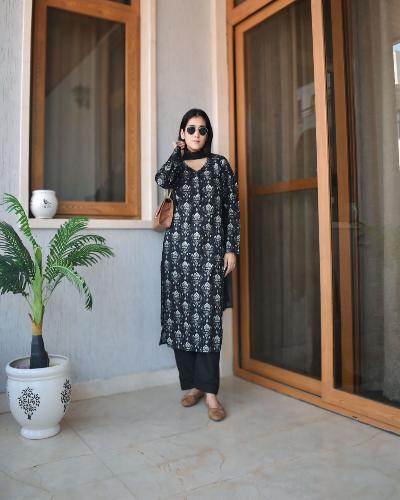 Black Saganeri Print Cotton Salwar Suit Set