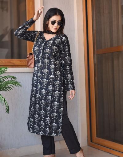 Black Saganeri Print Cotton Salwar Suit Set