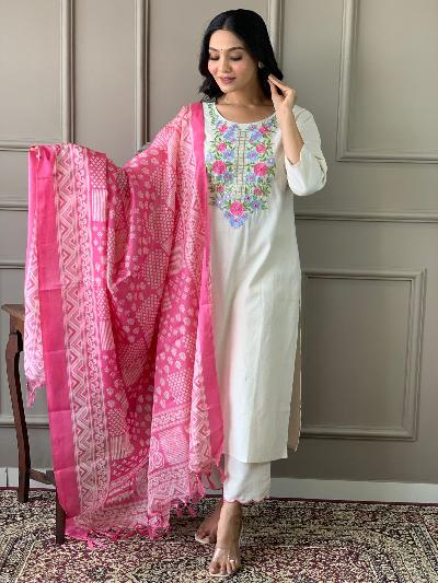 Embroidered Cotton Salwar Suit With Art Silk Dupatta