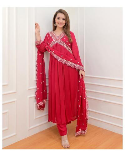 Red Alia Cut Georgette Anarkali Suit Set