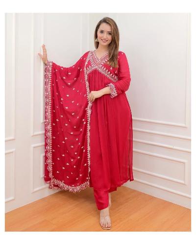 Red Alia Cut Georgette Anarkali Suit Set