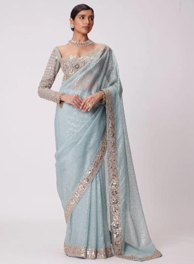 Powder Blue Mirror Work Partywear Saree