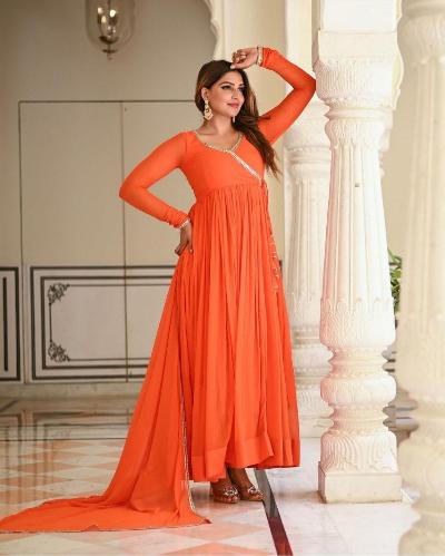 Plus Size Orange Georgette Anarkali Gown Dupatta Set of 2