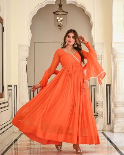 Plus Size Orange Georgette Anarkali Gown Dupatta Set of 2