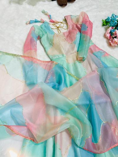 Pastel Organza Silk Flared Anarkali Gown Dupatta Set Of 2