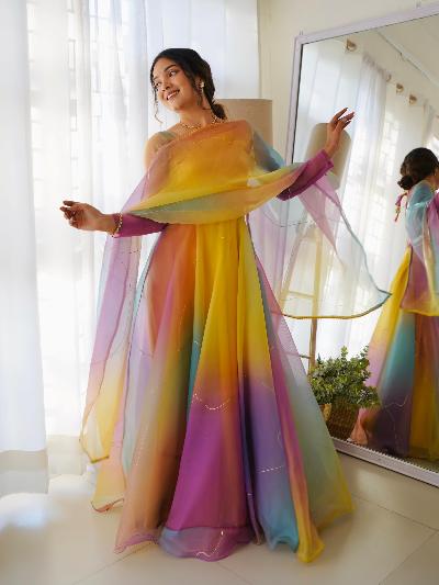 Rainbow Organza Silk Flared Anarkali Gown Dupatta Set Of 2