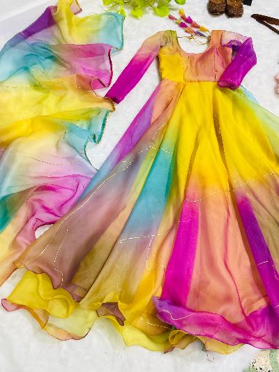 Rainbow Organza Silk Flared Anarkali Gown Dupatta Set Of 2