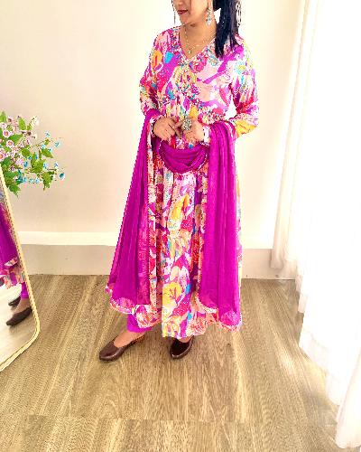 Purple Printed Alia Cut Anarkali Suit Set