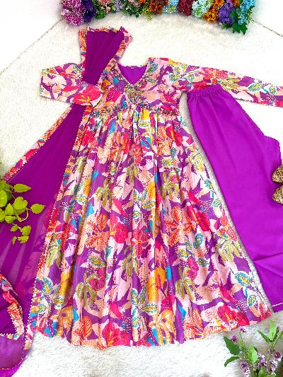 Purple Printed Alia Cut Anarkali Suit Set