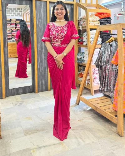 Readymade Georgette Saree & Embroidered Stitched Blouse