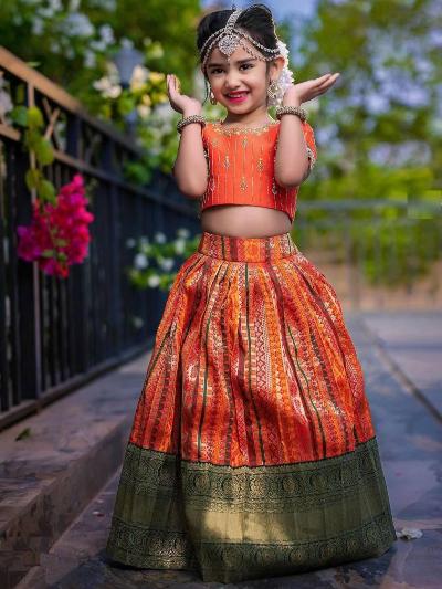 Orange Pure Kota Silk Kids Lehenga Choli Set