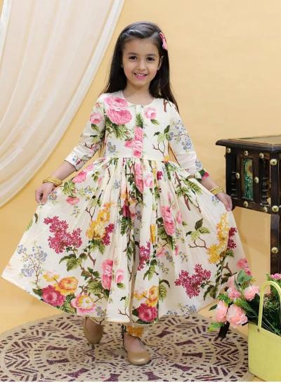 White Floral Fantasy Kids Anarkali Gown Suit Set