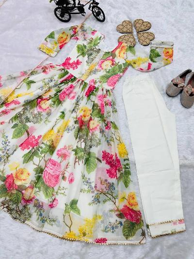 White Floral Fantasy Kids Anarkali Gown Suit Set