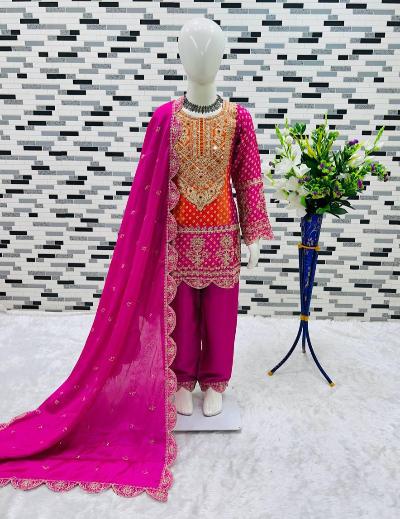 Pink Chinon Silk Festive Kids Punjabi Suit Set