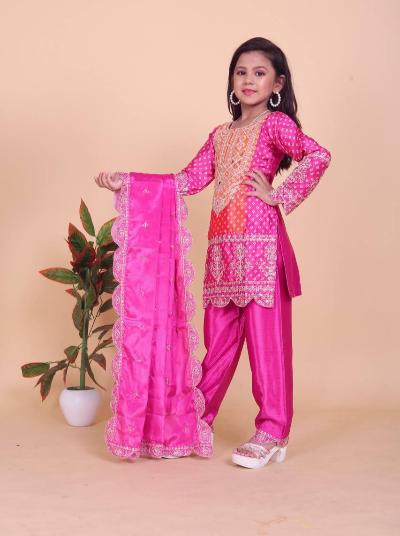 Pink Chinon Silk Festive Kids Punjabi Suit Set