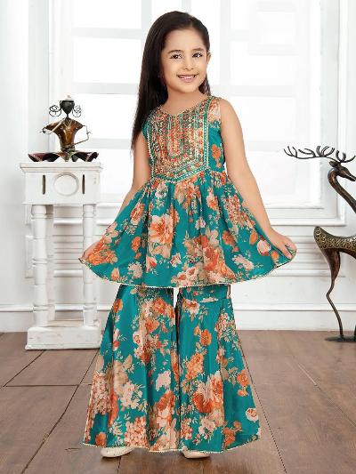 Blue Floral Print Kids Sharara Suit Set