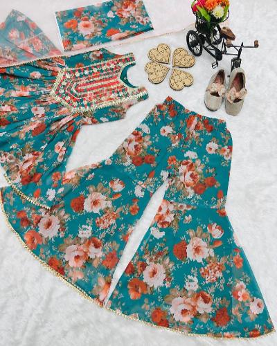 Blue Floral Print Kids Sharara Suit Set