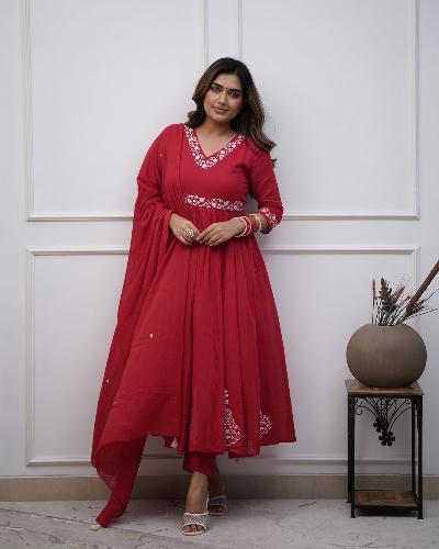 Ruby Red Embroidered Anarkali Suit Set