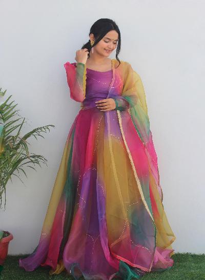 Ethnic Rainbow Charm Organza Anarkali Gown Dupatta Set Of 2