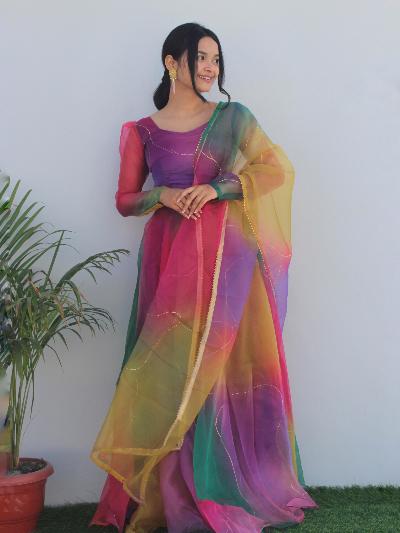 Ethnic Rainbow Charm Organza Anarkali Gown Dupatta Set Of 2