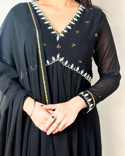 Mystic Black Georgette Alia Cut Anarkali Suit Set