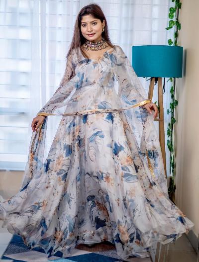 White Floral Blossom Mist Flowing Anarkali Suit Set