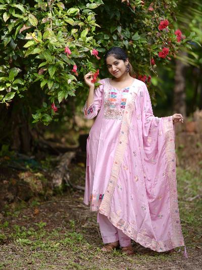 Rose Pink Chanderi Jacquard Salwar Suit Set