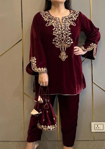 Maroon Heavy Embroidered Velvet Full Sleeves Kurti Pant Set