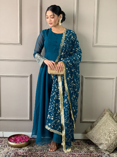 Teal Blue Georgette Plain Anarkali Suit  With Embroidered Dupatta