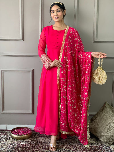 Rani Pink Georgette Plain Anarkali Suit  With Embroidered Dupatta