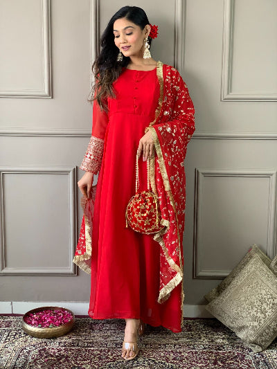 Red Georgette Plain Anarkali Suit  With Embroidered Dupatta