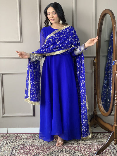 Electric Blue Georgette Plain Anarkali Suit  With Embroidered Dupatta