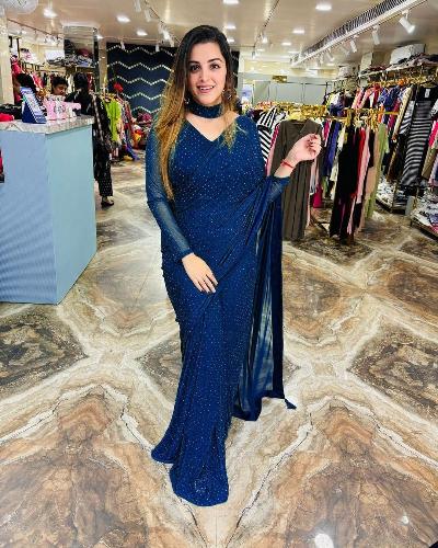 1 Min Navy Blue Crystal Work Stitched Readymade Saree Blouse