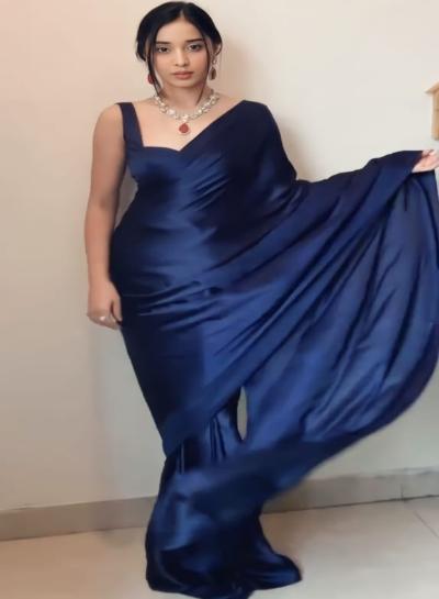 1 Min Navy Blue Satin Silk Stitched Readymade Saree