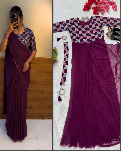 Wine Georgette Zip & Go 10 Second Saree Gown