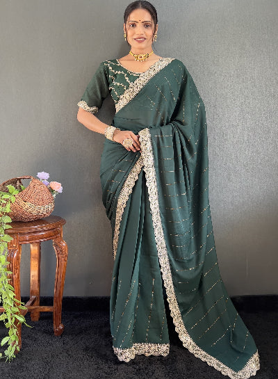 1 Min Dark Green Georgette Lace Swarovski work Stitched Readymade Saree